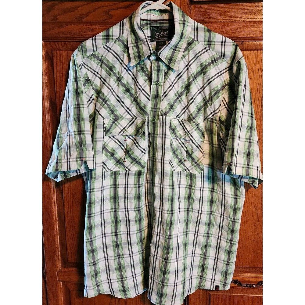 Woolrich Breathable Short Sleeve Plaid Shirt Mens LG Green Snap Lightweight 6303